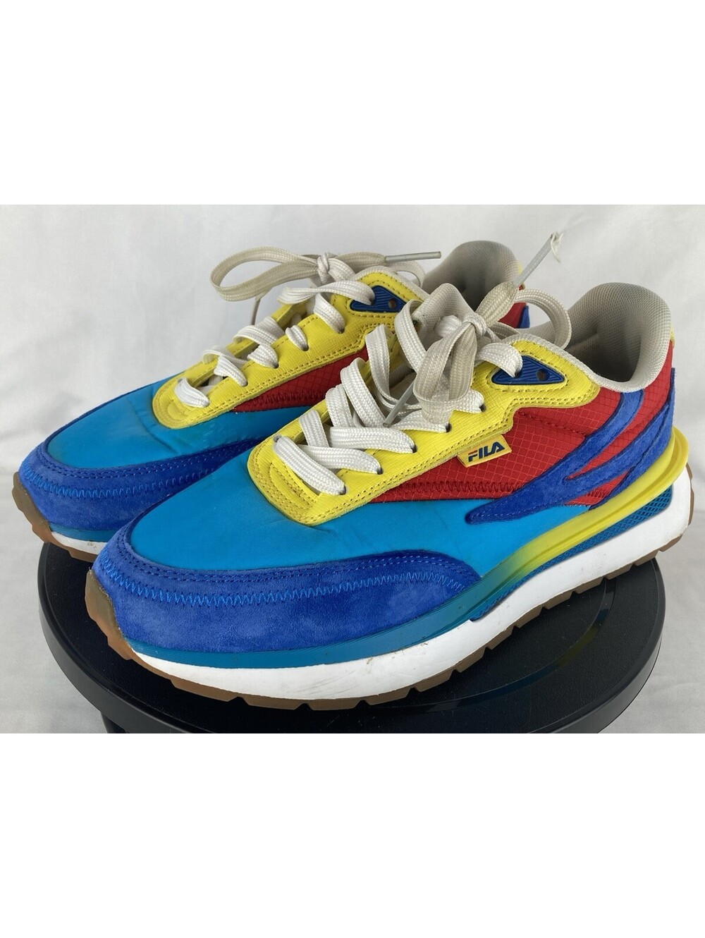 Women’s 8 FILA Renno Red Yellow Blue Suede Mesh Suede Retro Platform Sneakers
